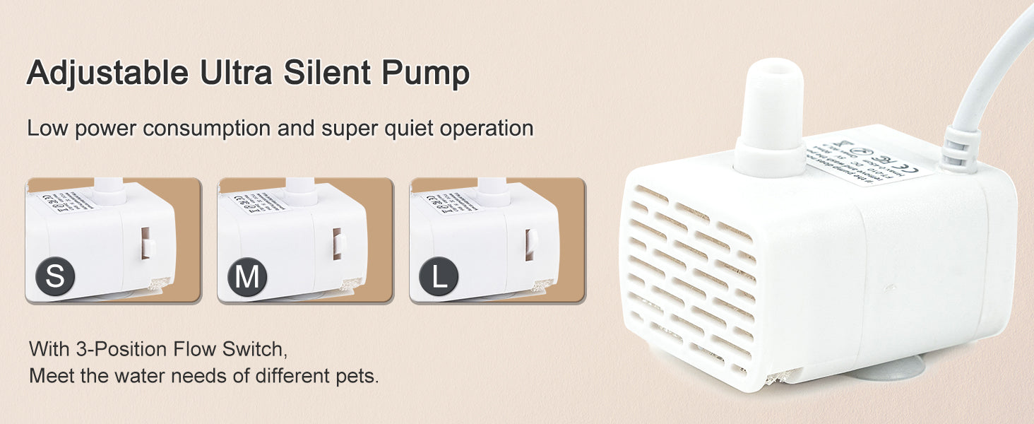 Quiet, adjustable pump in the battery operated cat water fountain, designed for silent operation.