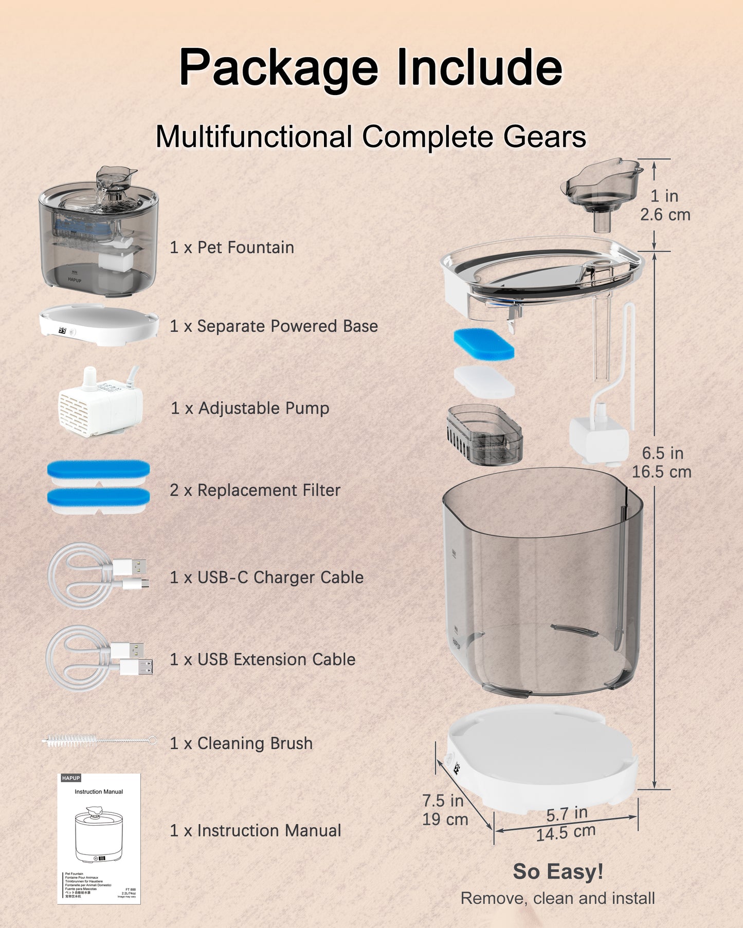 Package contents of the best pet fountain, including filter, cleaning kit, and more.