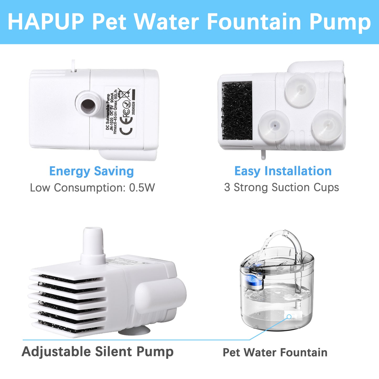 HAPUP adjustable water pump key features: USB-powered, silent, adjustable flow switch