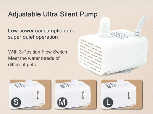 Quiet, adjustable pump in the battery operated cat water fountain, designed for silent operation.