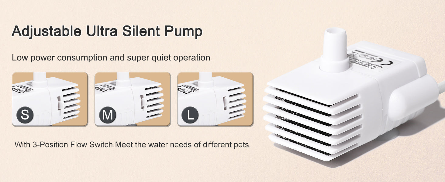 Automatic Pet Water Fountain HAPUP WF060 with a quiet, adjustable water pump for minimal noise and maximum comfort.