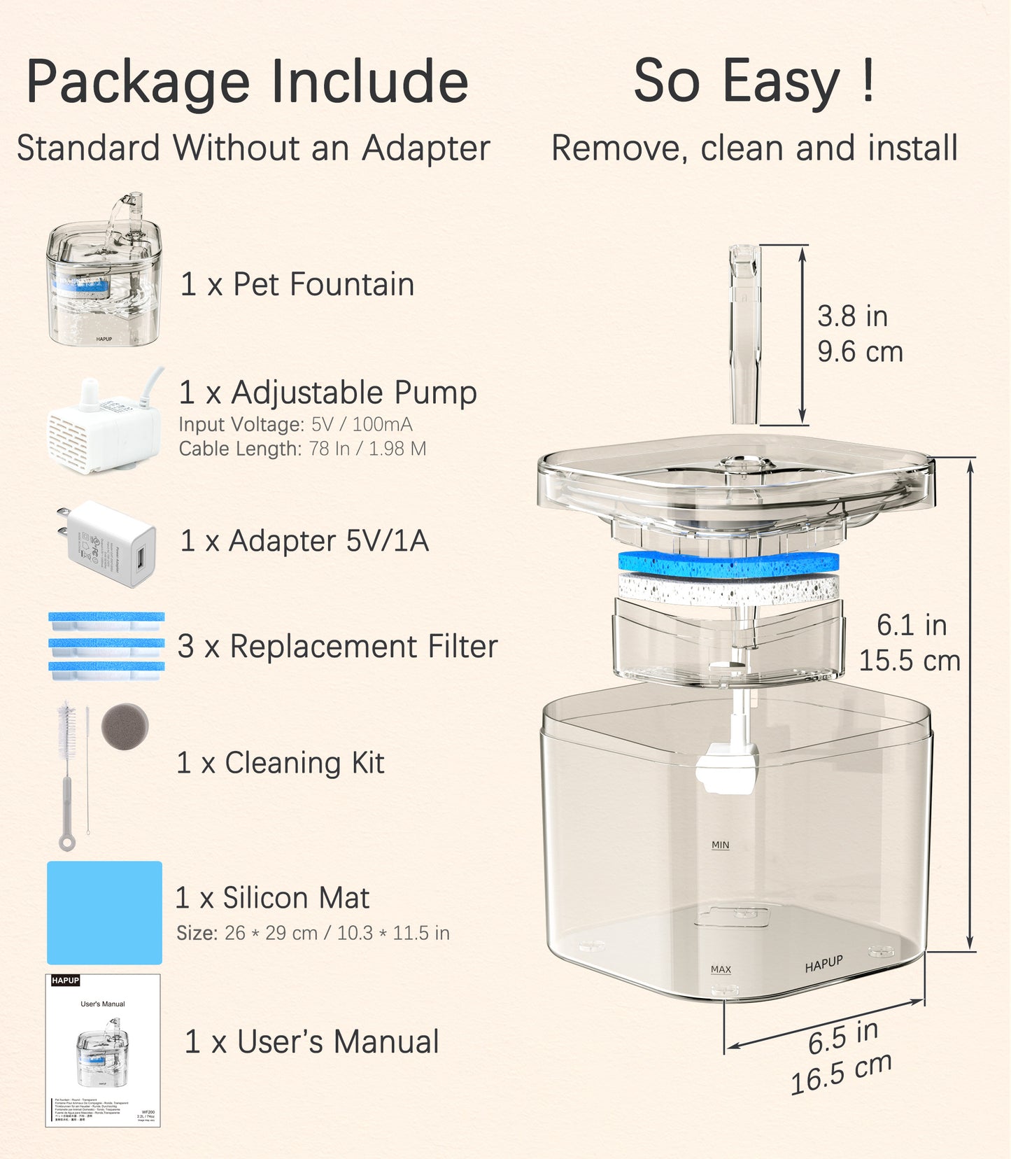 HAPUP® Cat Drinking Fountain package includes a 2.2L fountain, 2 filters, adjustable pump, and a cleaning kit to ensure optimal pet hydration.