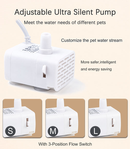 HAPUP cat water fountain pump with 3-speed flow control – customize water flow for your cat’s drinking needs. Quiet, energy-efficient pump for pets.