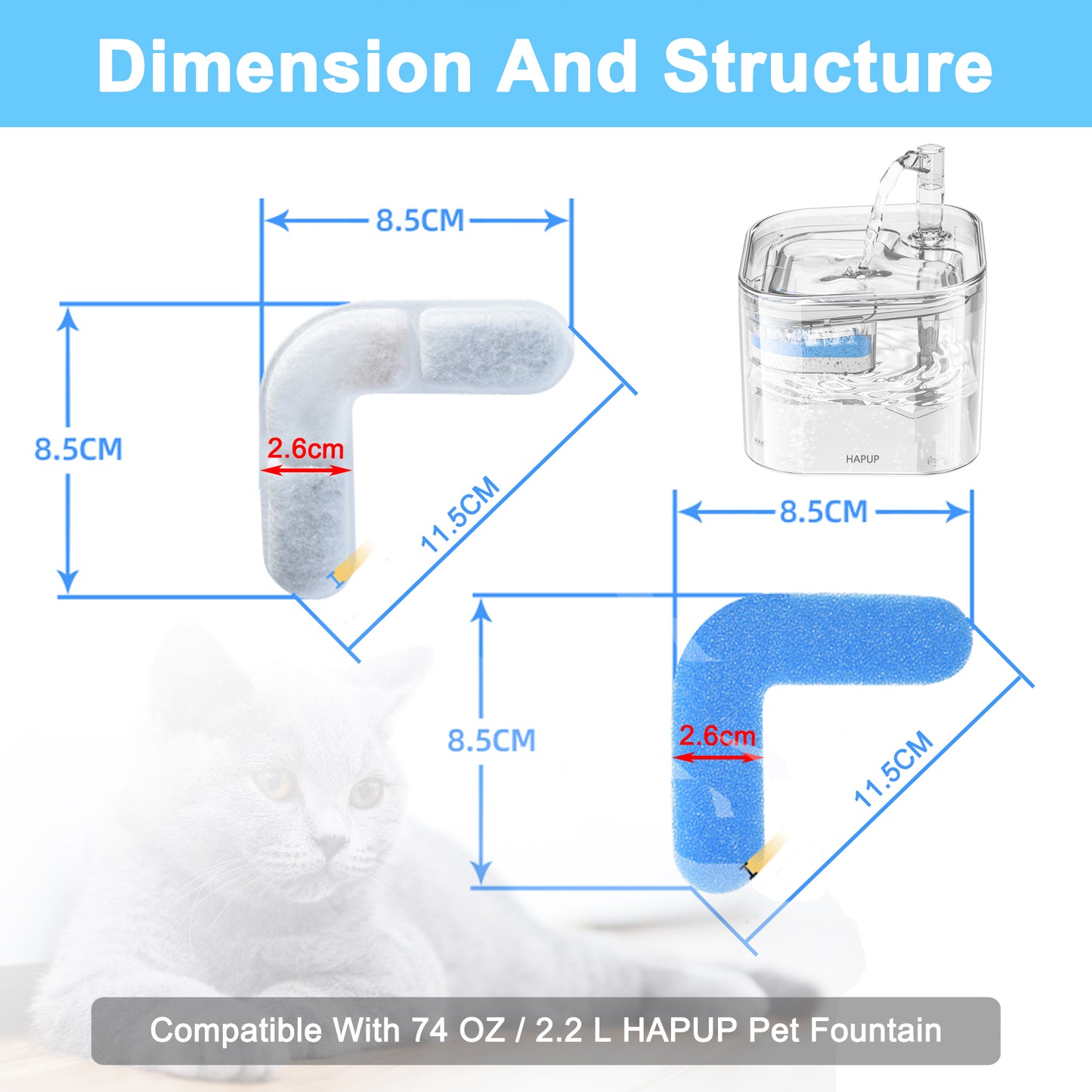 HAPUP cat fountain filter dimensions – designed to fit WF200 model perfectly.