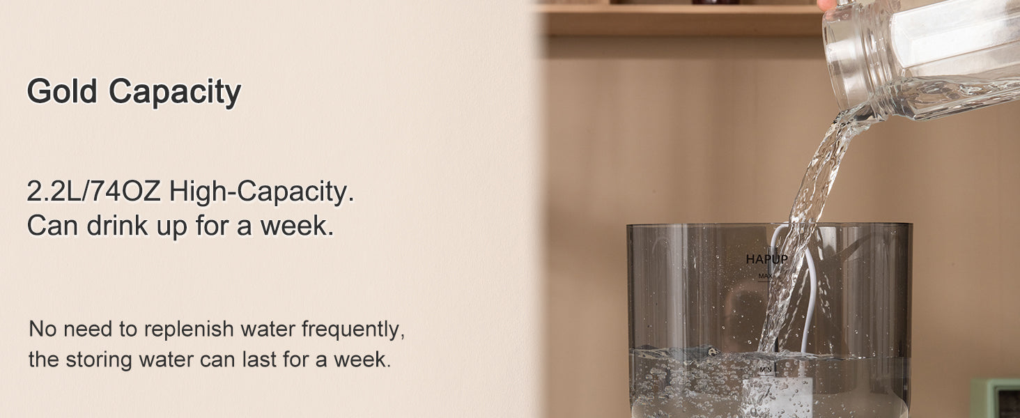 HAPUP FT666 cat water fountain water tank capacity of 2.2L, visible water level for convenience.