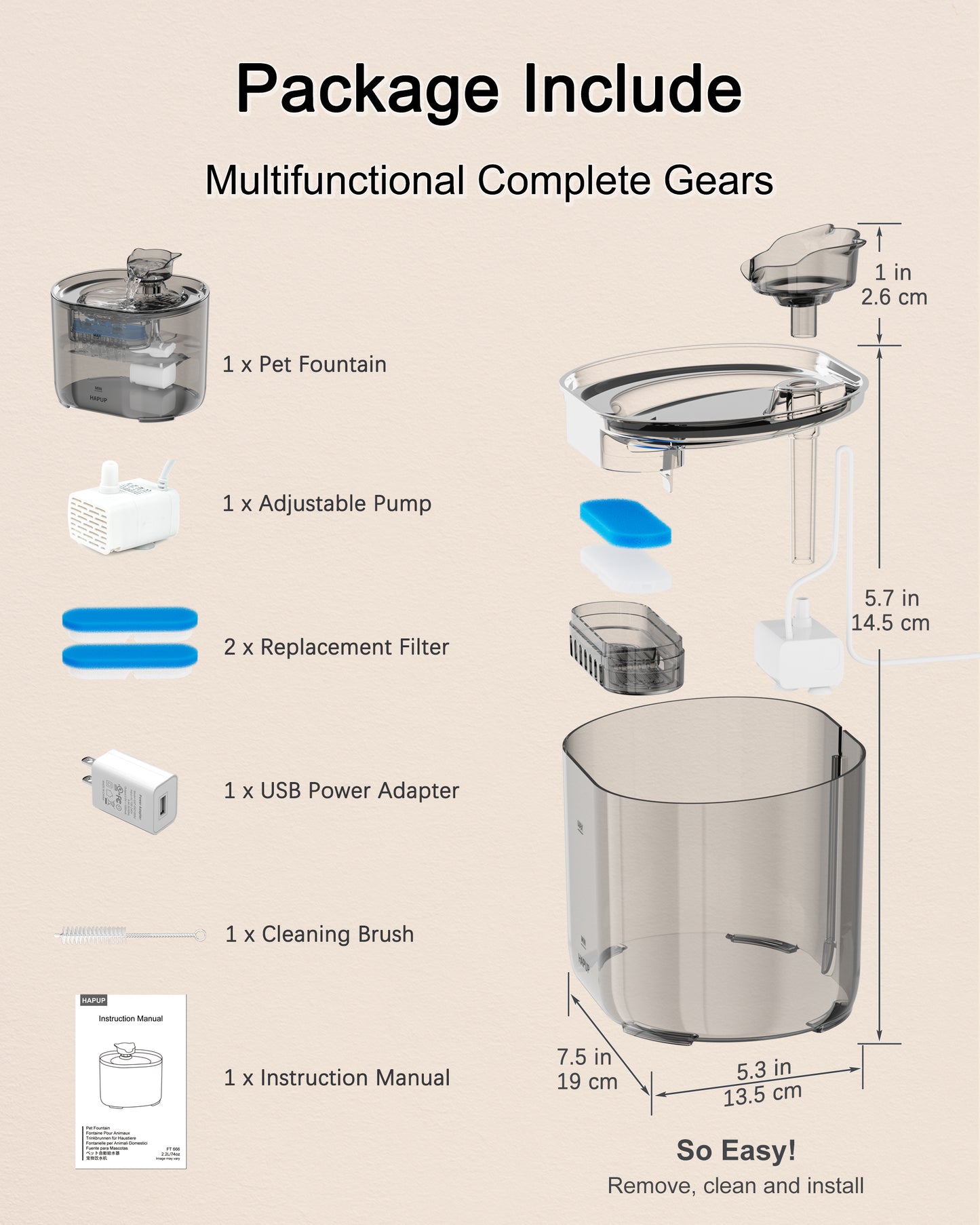 HAPUP FT666 best pet water fountain
packaging content for easy setup and use.