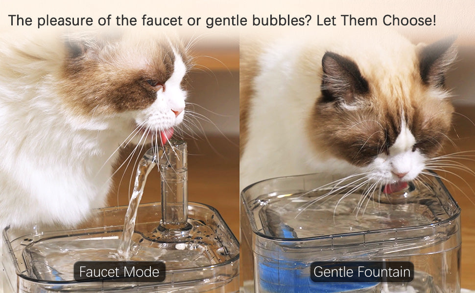 Illustration of HAPUP® Pet Fountain’s dual working modes: Fountain Mode for oxygenated water and Faucet Mode for attracting pets to drink more.