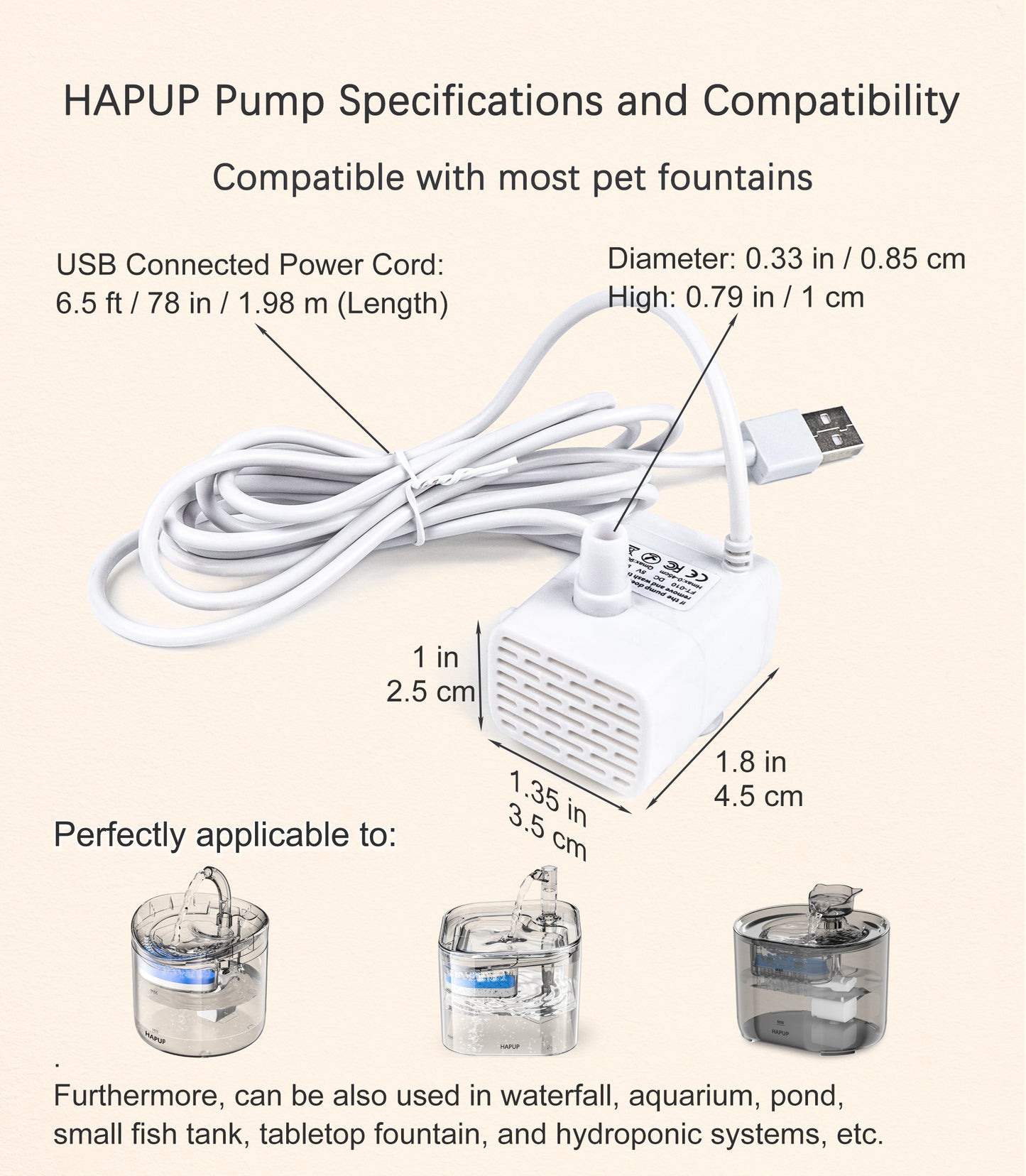 HAPUP replacement pump for cat fountains – dimensions 34cm(W) x 45cm(L) x 25.5cm(H), USB power cord 2m, ideal for indoor pet fountains