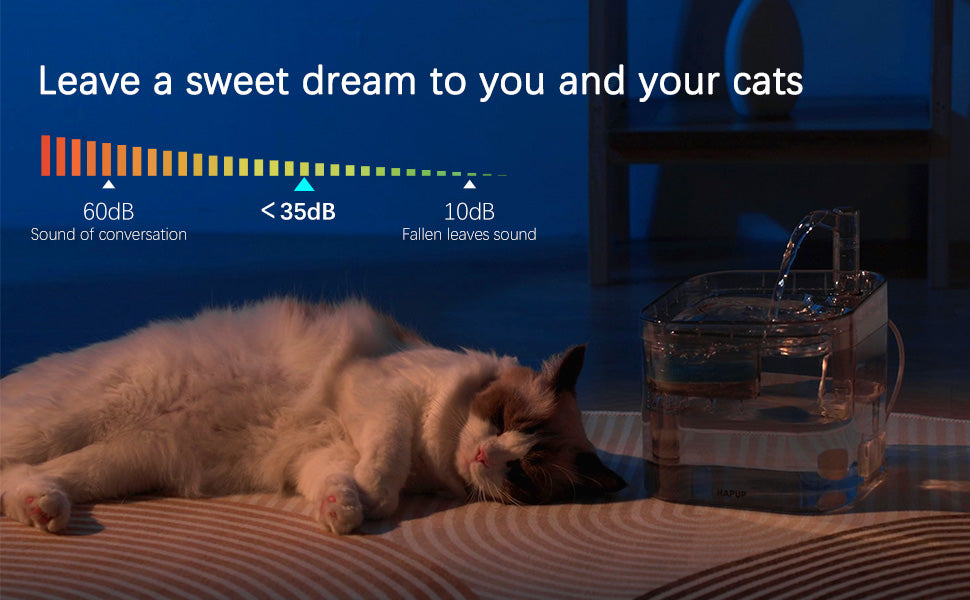 HAPUP® Pet Fountain with ultra-low noise pump design, ensuring silent operation while providing fresh water for pets.