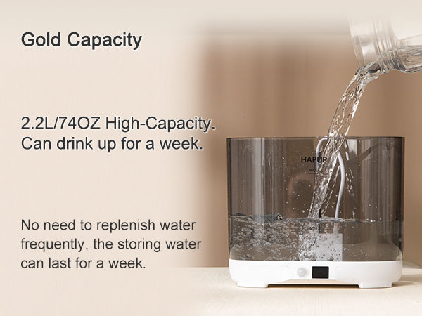Transparent water tank with 2.2L capacity in the best pet fountain, ensuring easy monitoring of water levels.