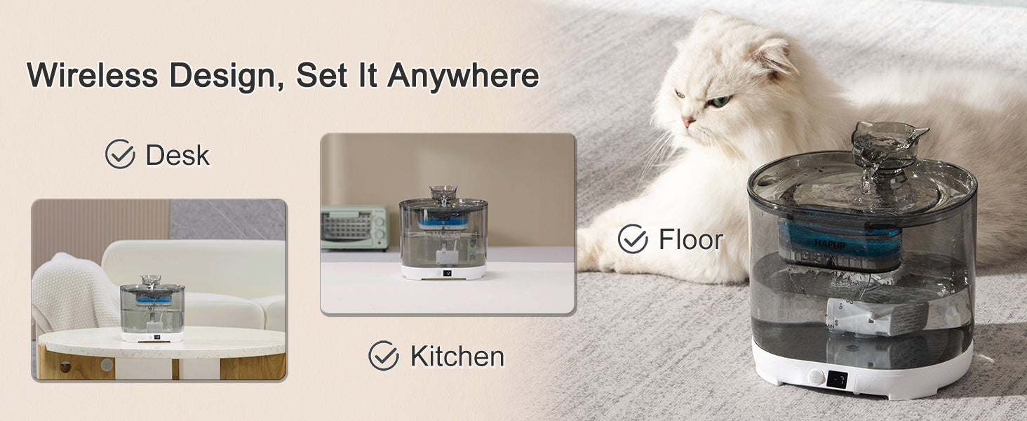 The battery operated cat water fountain can be placed anywhere, no need for an electrical outlet.