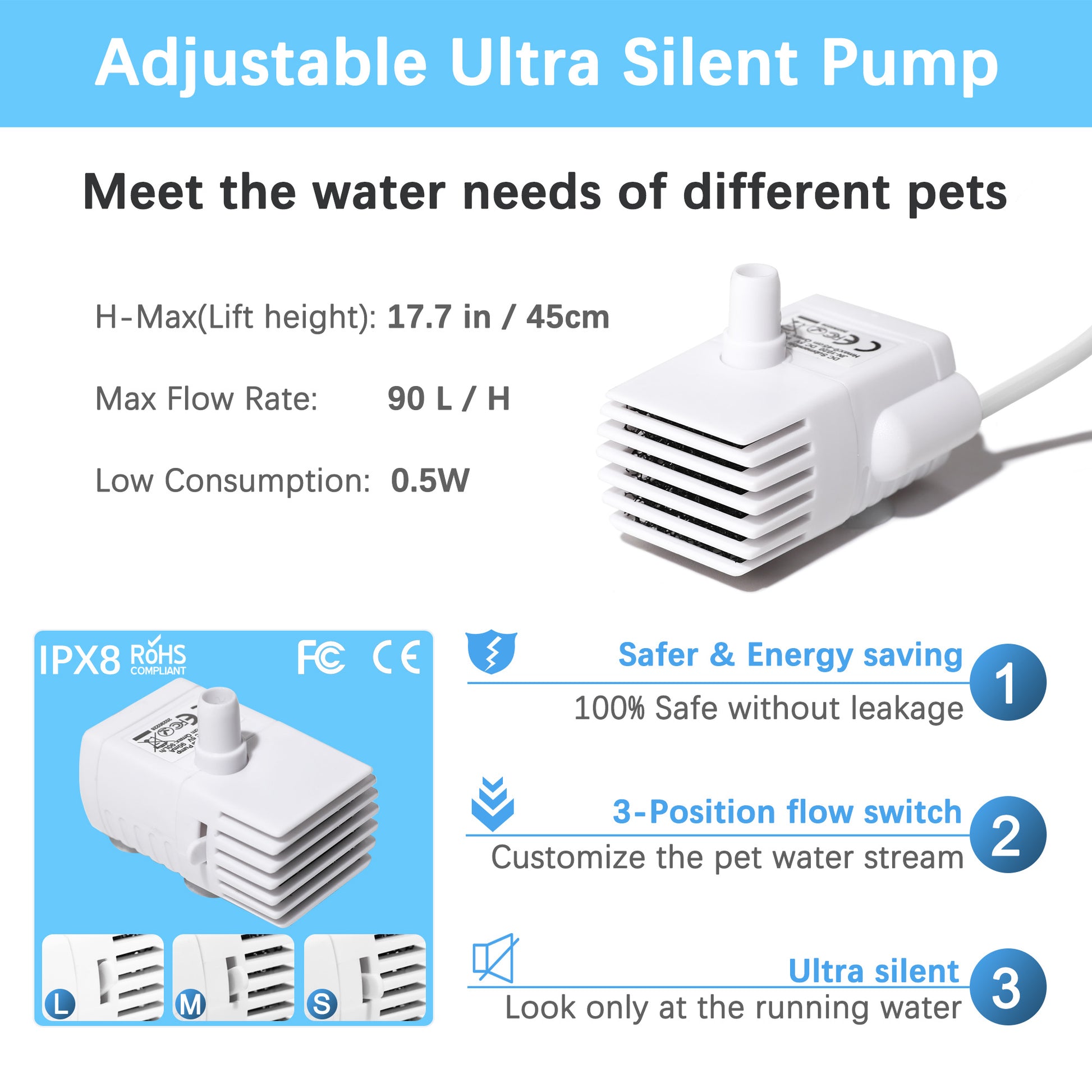 Three-position flow switch for customizable water flow in pet fountains