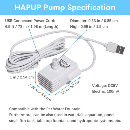 HAPUP adjustable water pump detailed specifications, including size and flow rate