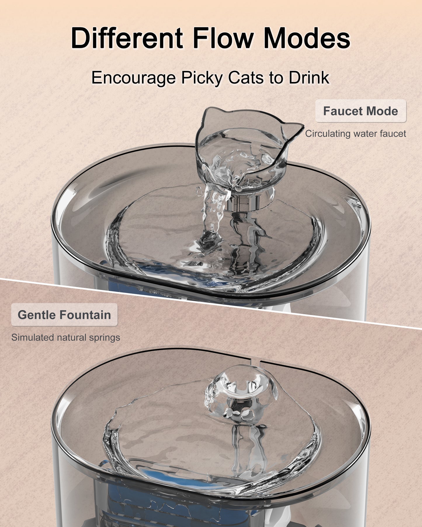 Two water output modes in the automatic cat fountain for versatile hydration options.