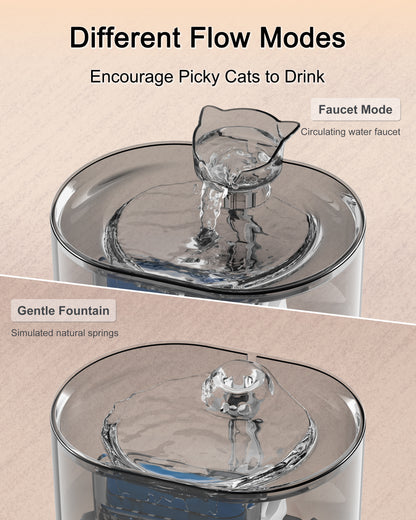 Two water output modes in the automatic cat fountain for versatile hydration options.