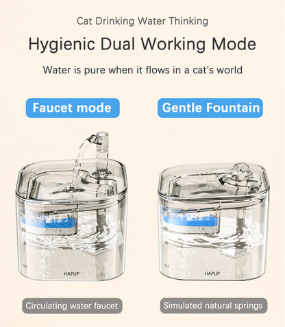 HAPUP® Best Cat Fountain with dual working modes: Fountain Mode for fresh water surge and Faucet Mode to attract pets to drink more water.