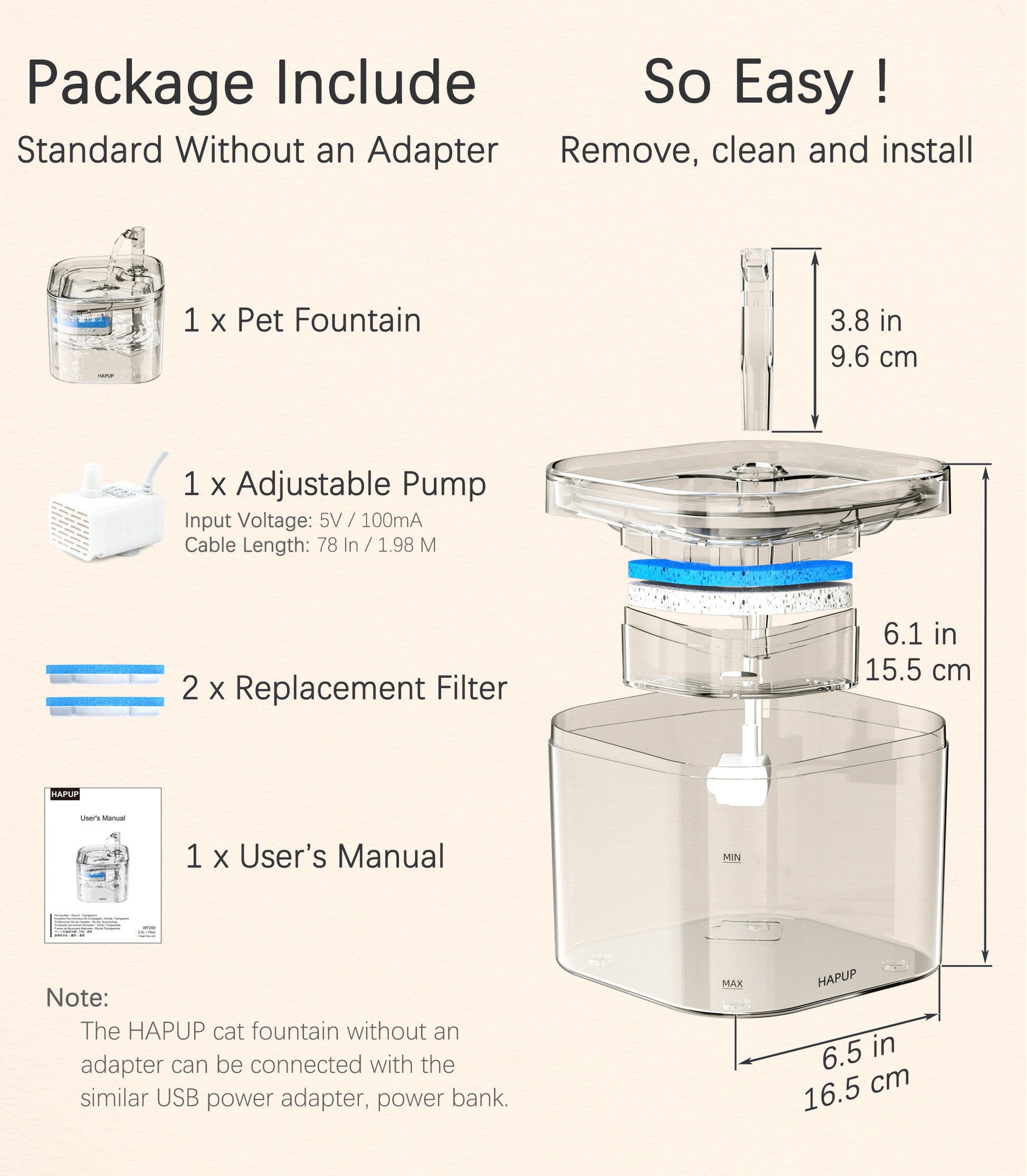 HAPUP® Cat Drinking Fountain package includes a 2.2L fountain, 2 filters, adjustable pump, and a cleaning kit to ensure optimal pet hydration.
