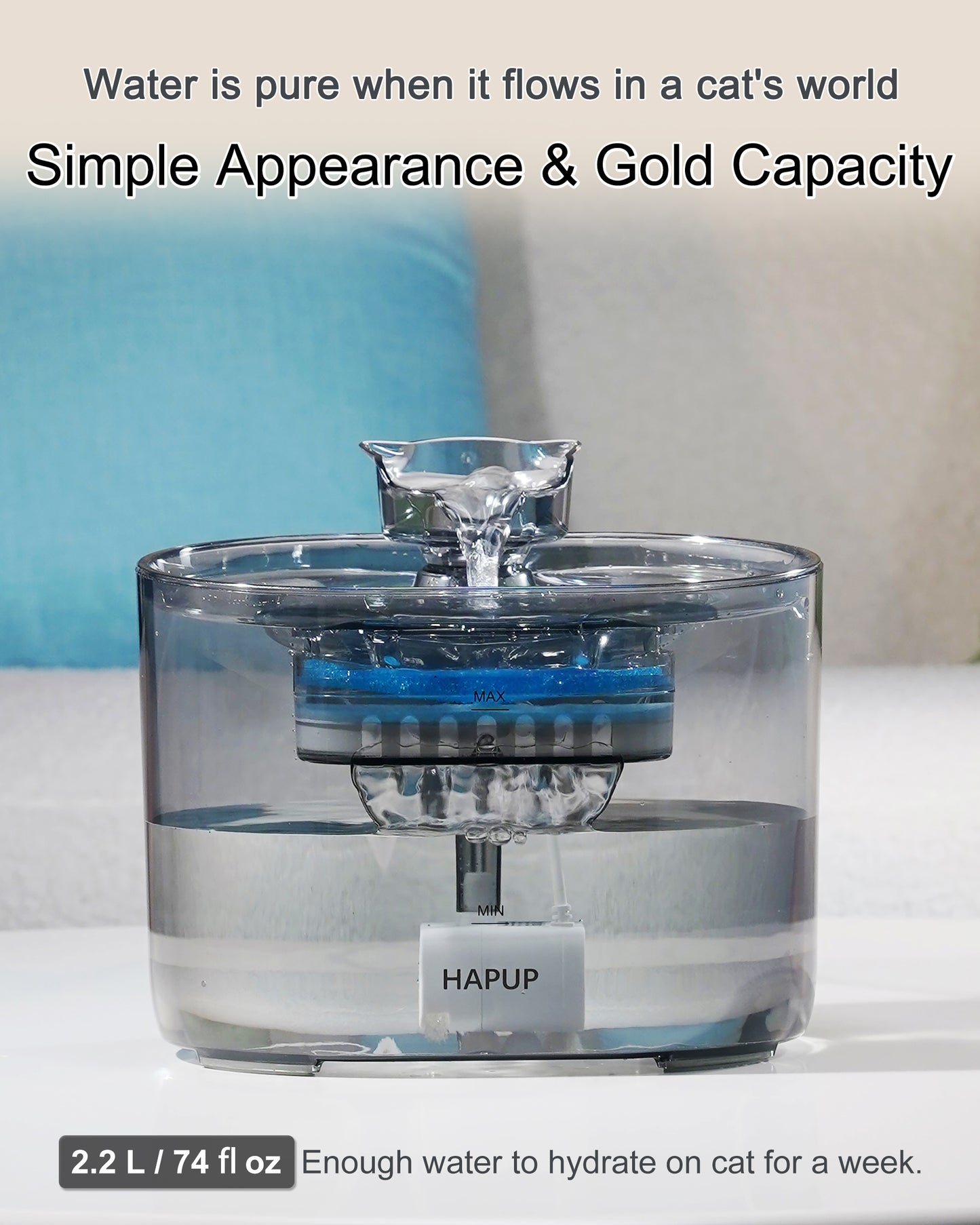 HAPUP FT666 cat water fountain with generous 2.2L capacity for long-lasting hydration.
