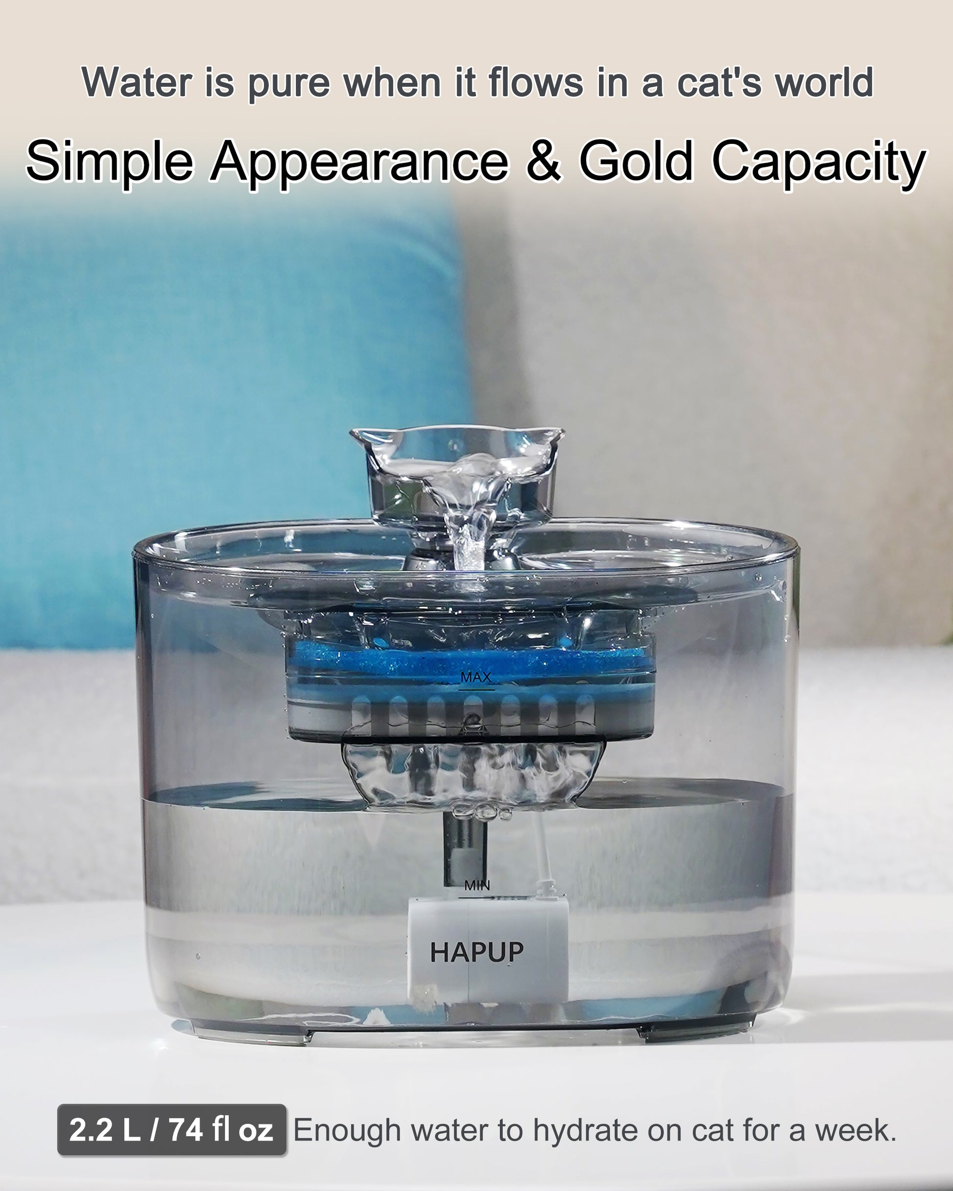 HAPUP FT666 cat water fountain with generous 2.2L capacity for long-lasting hydration.