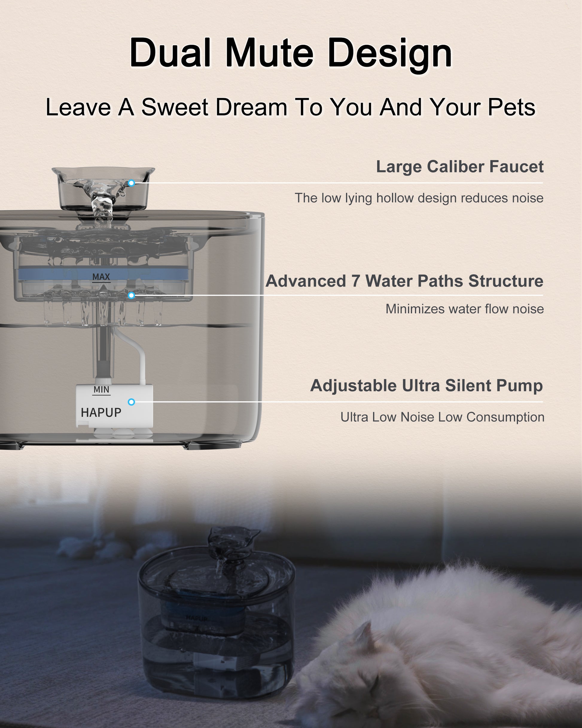 HAPUP FT666 pet fountain with ultra-quiet pump and design suitable for peaceful environments.