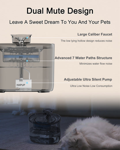 HAPUP FT666 pet fountain with ultra-quiet pump and design suitable for peaceful environments.