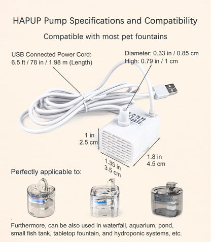 HAPUP replacement pump for cat fountains – dimensions 34cm(W) x 45cm(L) x 25.5cm(H), USB power cord 2m, ideal for indoor pet fountains