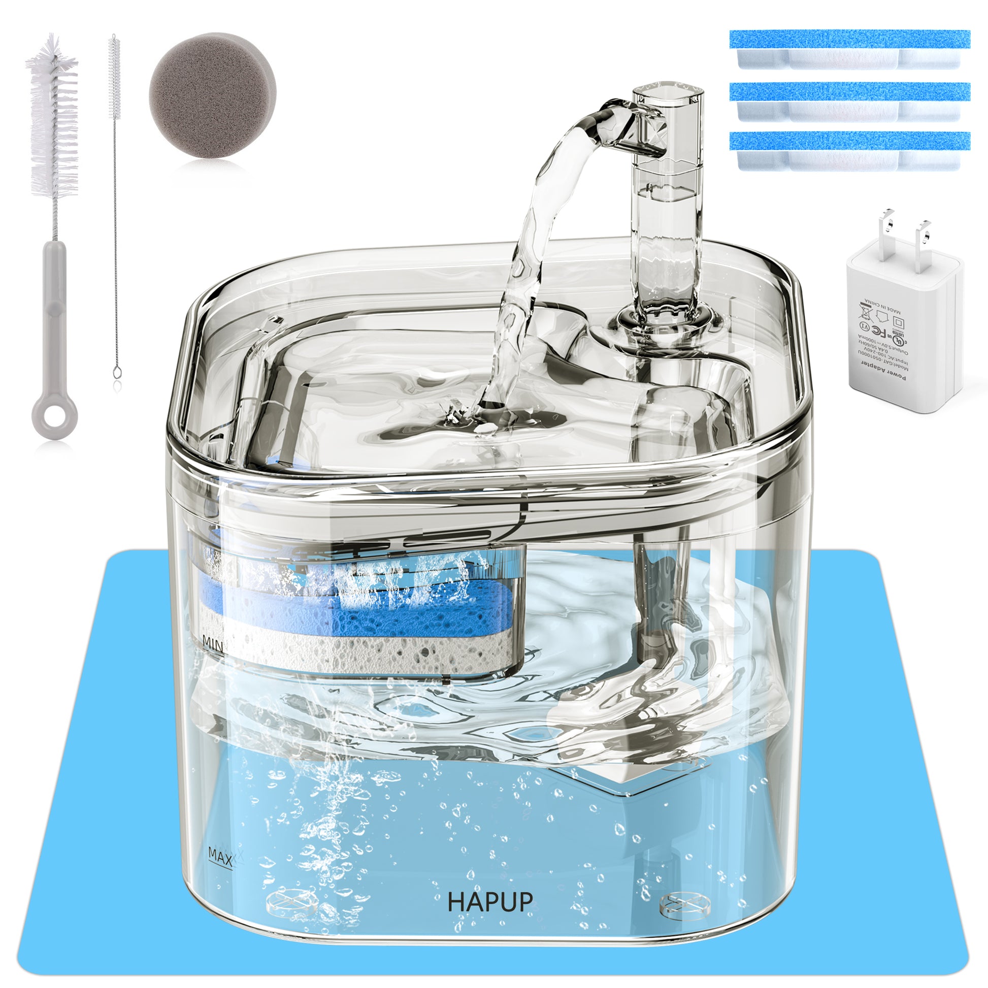 HAPUP® Pet Water Fountain for Cats and Dogs, providing fresh and clean water with dual flow modes and a 2.2L capacity.