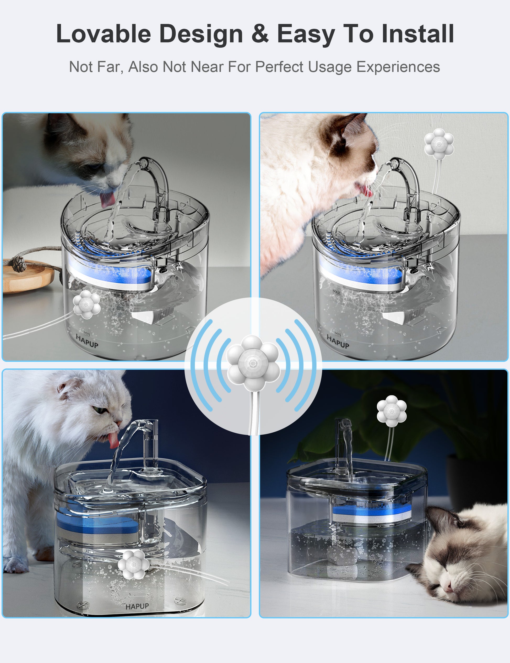 HAPUP motion sensor in use with a USB-powered pet water fountain.