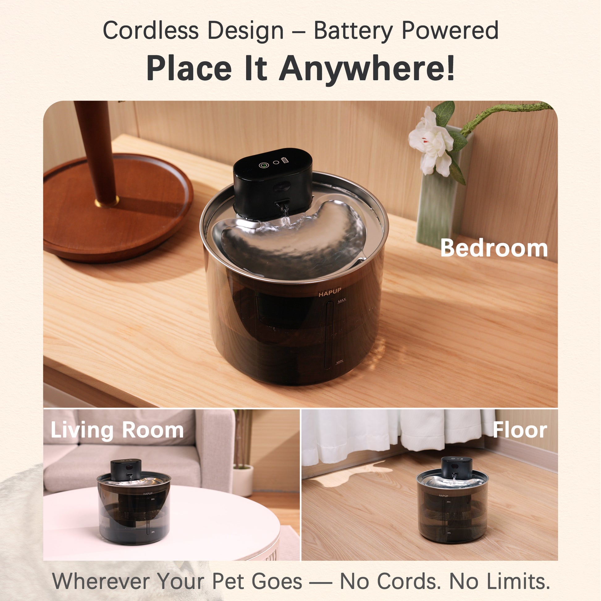 Cordless cat water fountain placed anywhere with wireless design