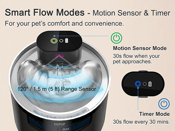 Smart flow modes for cats with motion sensor and timer