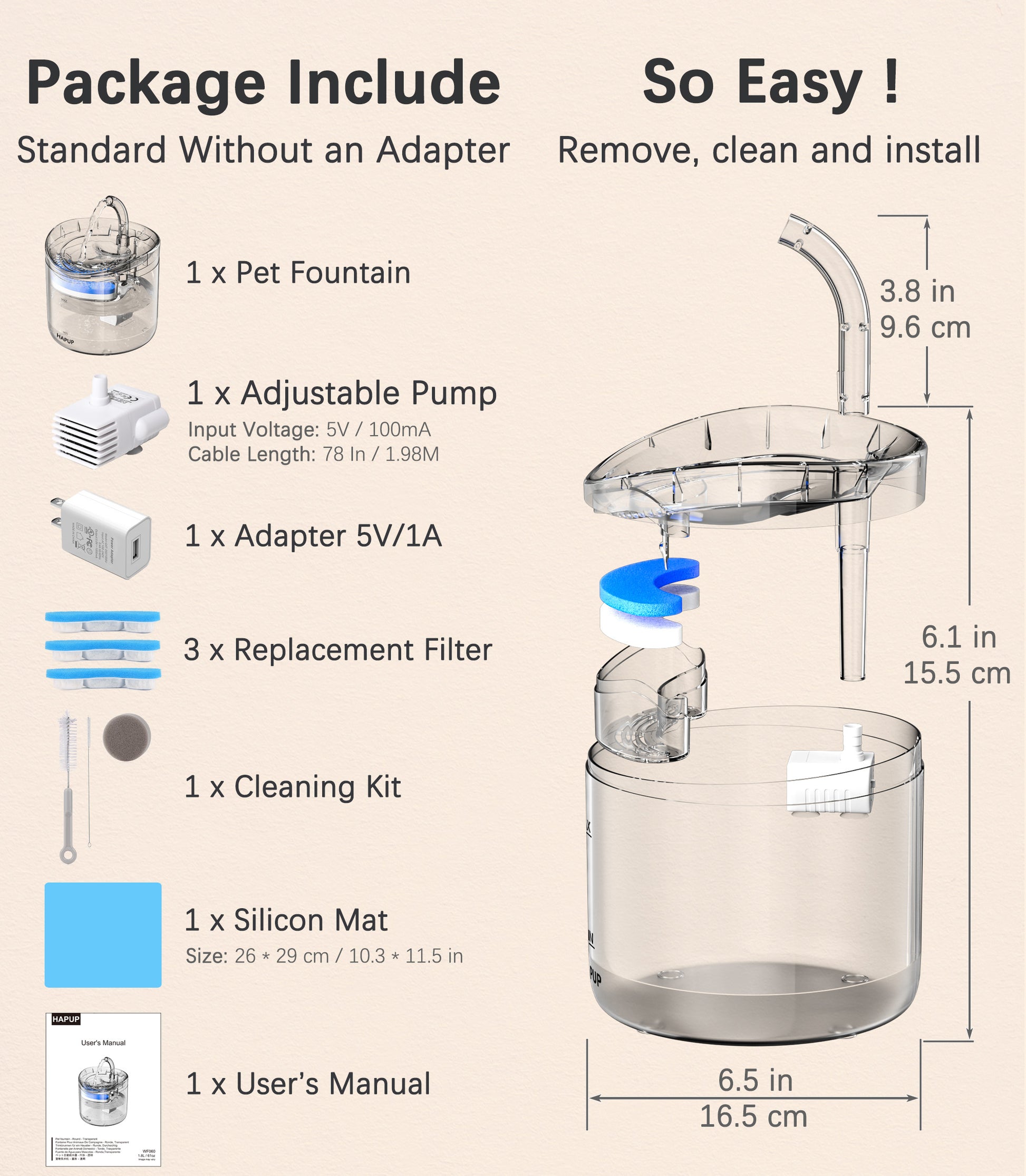 Pet Fountain for Cats HAPUP WF060, complete with all necessary accessories and easy-to-follow setup instructions.