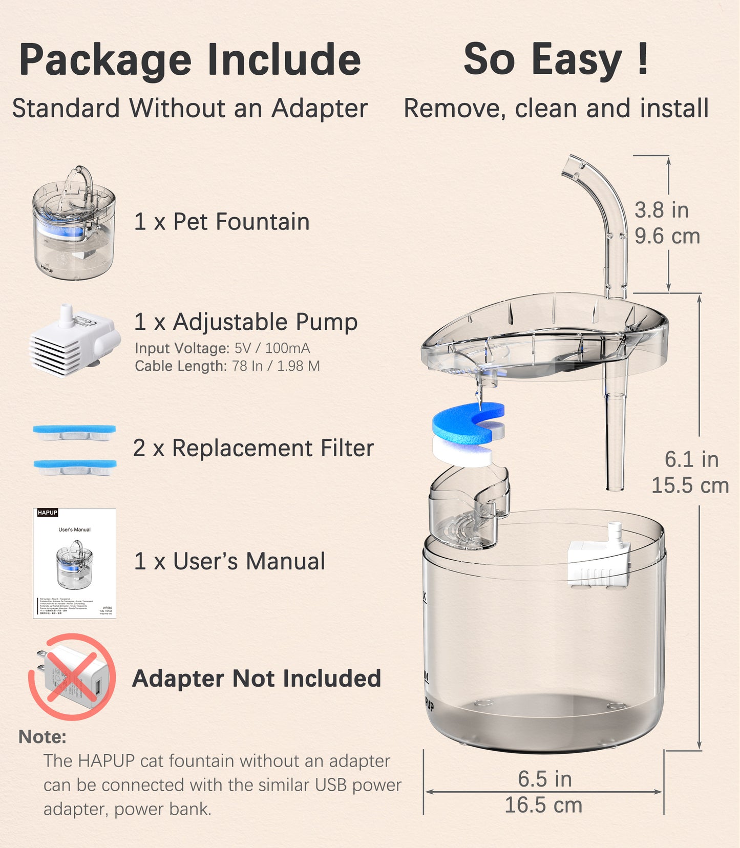Pet Fountain for Cats HAPUP WF060, complete with all necessary accessories and easy-to-follow setup instructions.