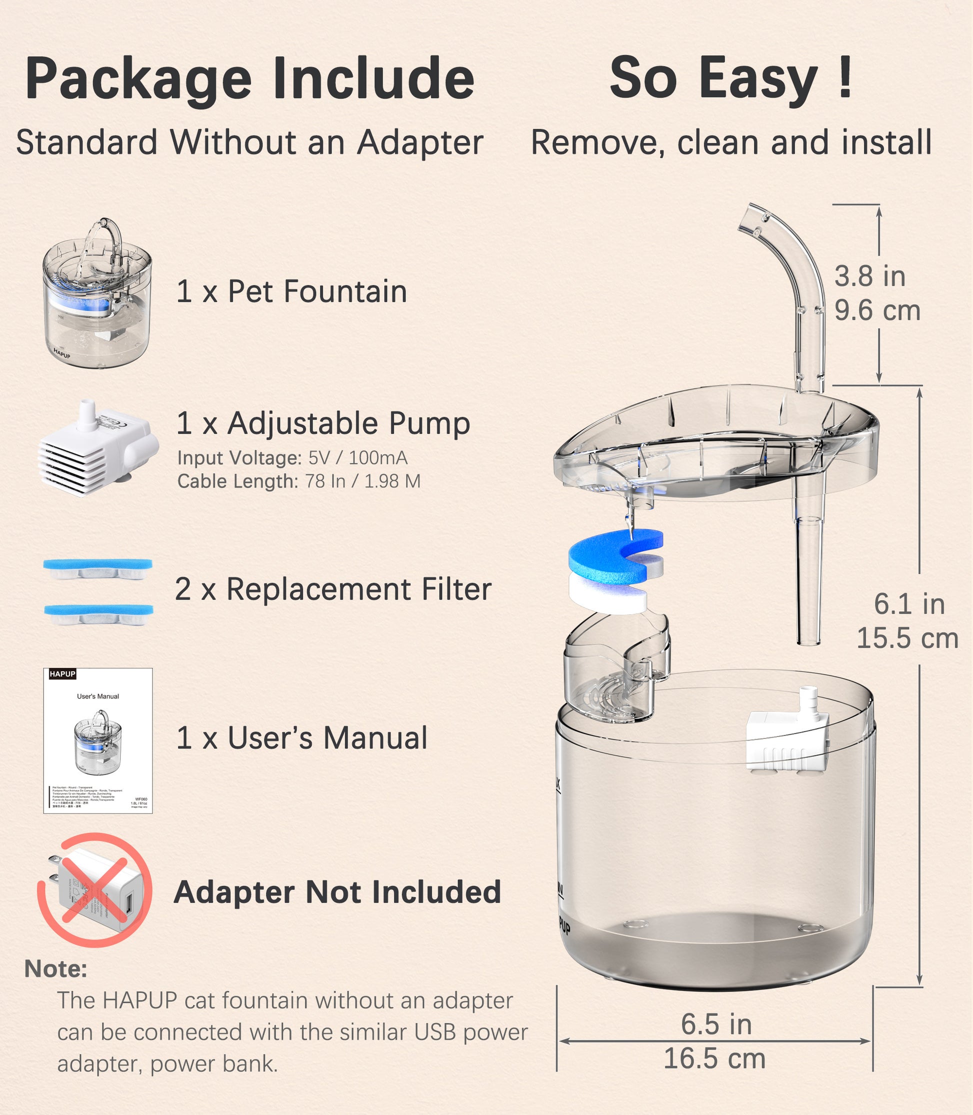 Pet Fountain for Cats HAPUP WF060, complete with all necessary accessories and easy-to-follow setup instructions.