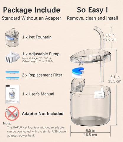 Pet Fountain for Cats HAPUP WF060, complete with all necessary accessories and easy-to-follow setup instructions.