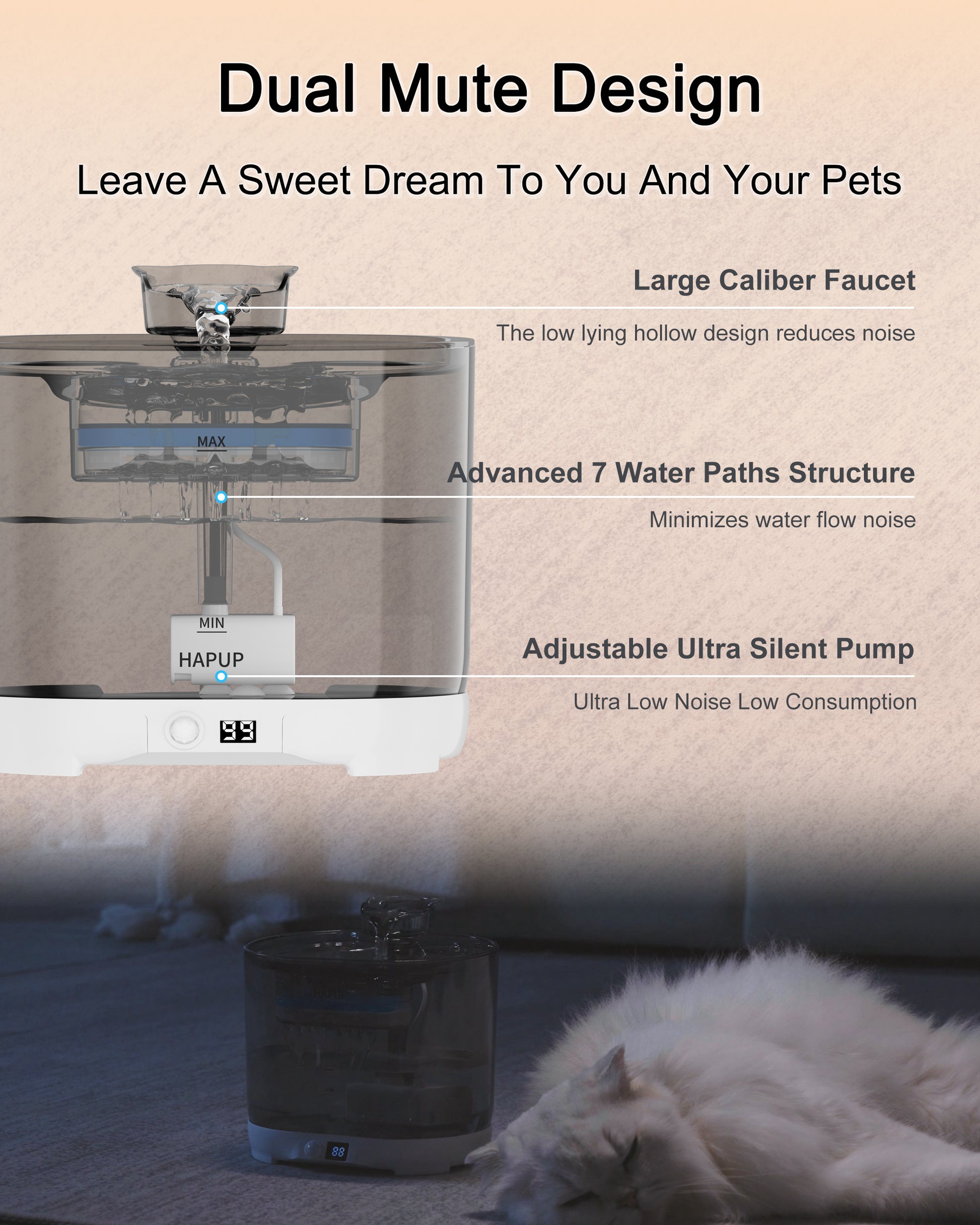 Silent design of the battery operated cat water fountain, perfect for peaceful homes.
