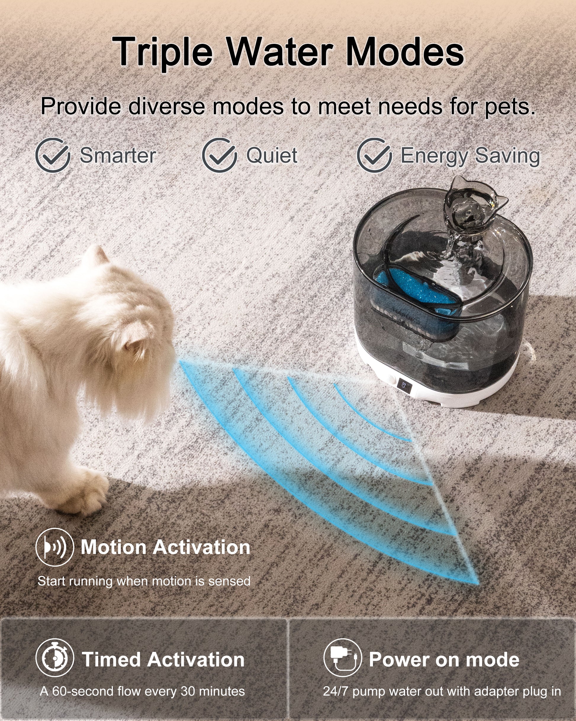 Wireless sensor mode of the battery operated cat water fountain, providing flexible placement.